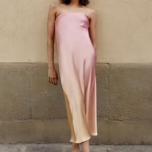 Zara Pink Ruched Strapless Gown Satin Effect Dress M NWT